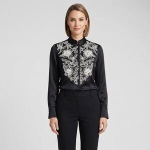 St. John Embroidered Mandarin Collar Black Satin Blouse